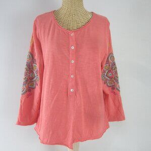 Sundance Womens L Coral Pink Embroidered Cotton Knit LS Henley Top Shirt